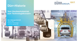 Das zweite Motiv zeigt links die Lackierung eines VW-Käfers in einer Anlage von DÜRR. Rechts sieht man die hight tech Anlage von heute die ein Auto zur Lackierung transportiert.