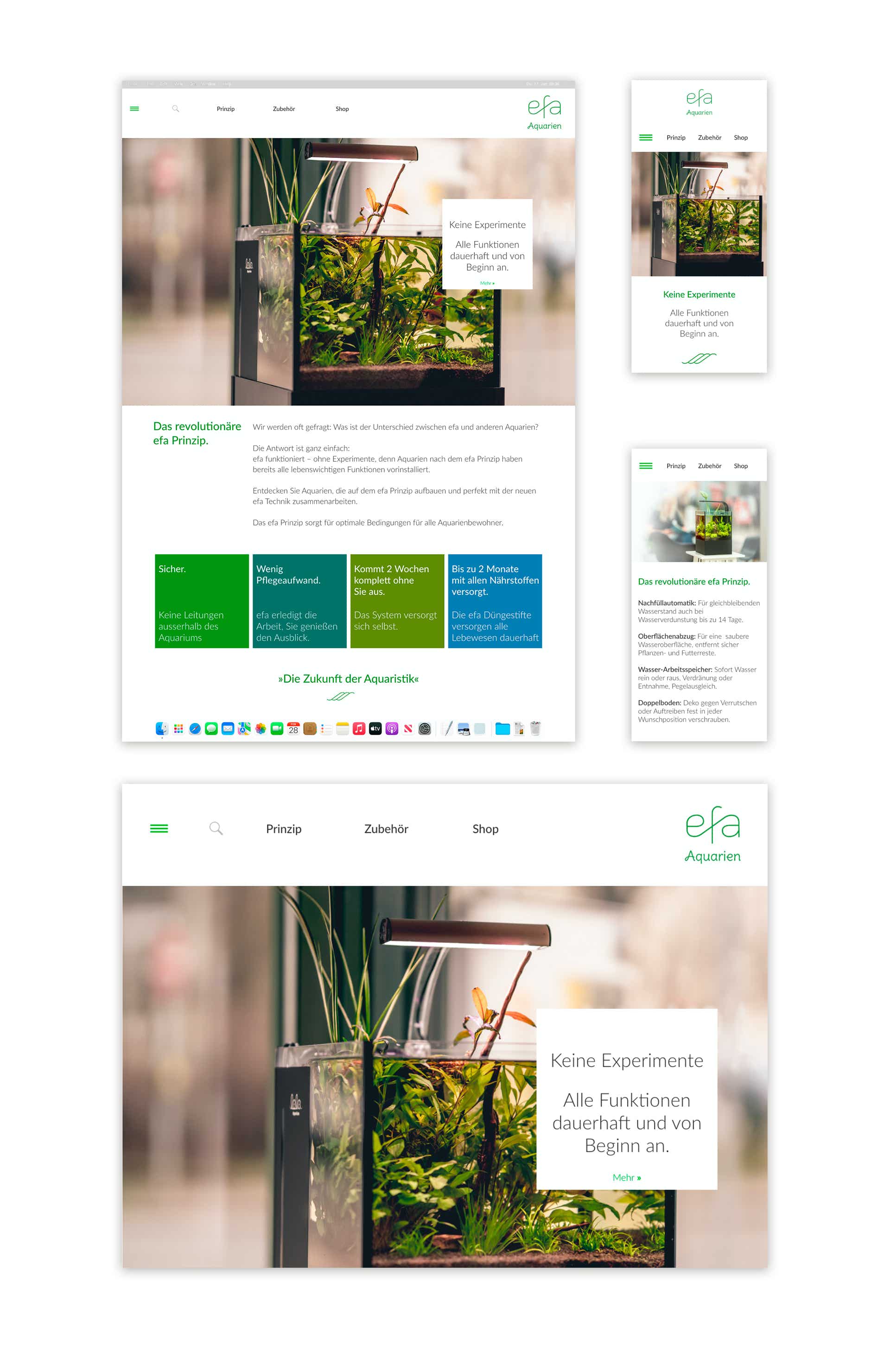 Das neue Design der Website für efa Aquarien mit großformatigen Fotos der Aquarien. Die responsive Internetseite informiert zudem über die einfache Handhabung und die refolutionäre Technik des efa Prinzips. Endlich wächst alles.