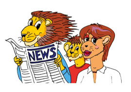 Diashow mit unterschiedlichen Beispielen von Illustrationen, hier eine gezeichnete Löwenfamilie, der Vater liest in einer Zeitung. Die Illustration kam auf einem Linienbus der Stadtwerke Leonberg zum Einsatz.