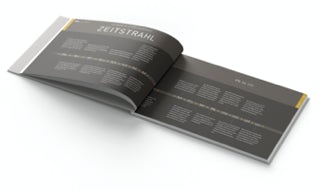 Jubiläumsbroschüre der DÜRR Group, Zeitstrahl. Wichtige Ereignisse und Milestones der Firmengeschichte in einer typografischen Version ohne Fotos.