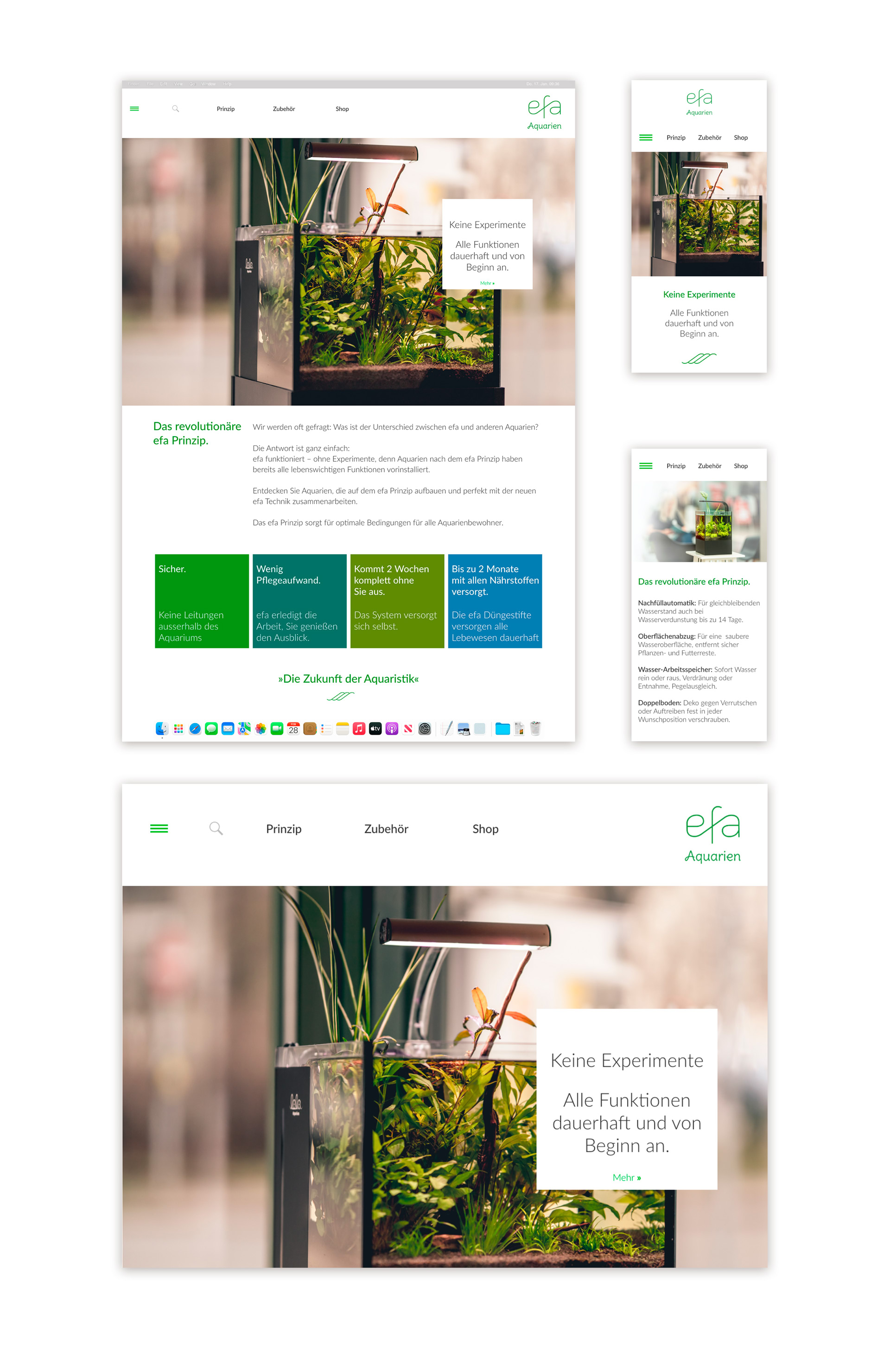 Das neue Design der Website für efa Aquarien mit großformatigen Fotos der Aquarien. Die responsive Internetseite informiert zudem über die einfache Handhabung und die refolutionäre Technik des efa Prinzips. Endlich wächst alles.