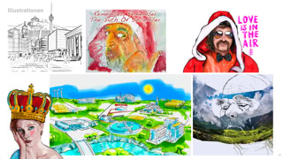 Diashow mit unterschiedlichen Beispielen von Illustrationen, hier zwei Weihnachtsmänner, eine Königin, eine Landschaft, die nachhaltige Energie zeigt, Innenstadt von Stuttgart, Titelbild eines Kalenders.