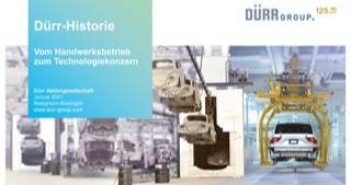 Das zweite Motiv zeigt links die Lackierung eines VW-Käfers in einer Anlage von DÜRR. Rechts sieht man die hight tech Anlage von heute die ein Auto zur Lackierung transportiert.