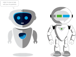 Diashow mit unterschiedlichen Beispielen von Illustrationen, hier zwei Roboter die Fragen zum Thema AI beantworten.