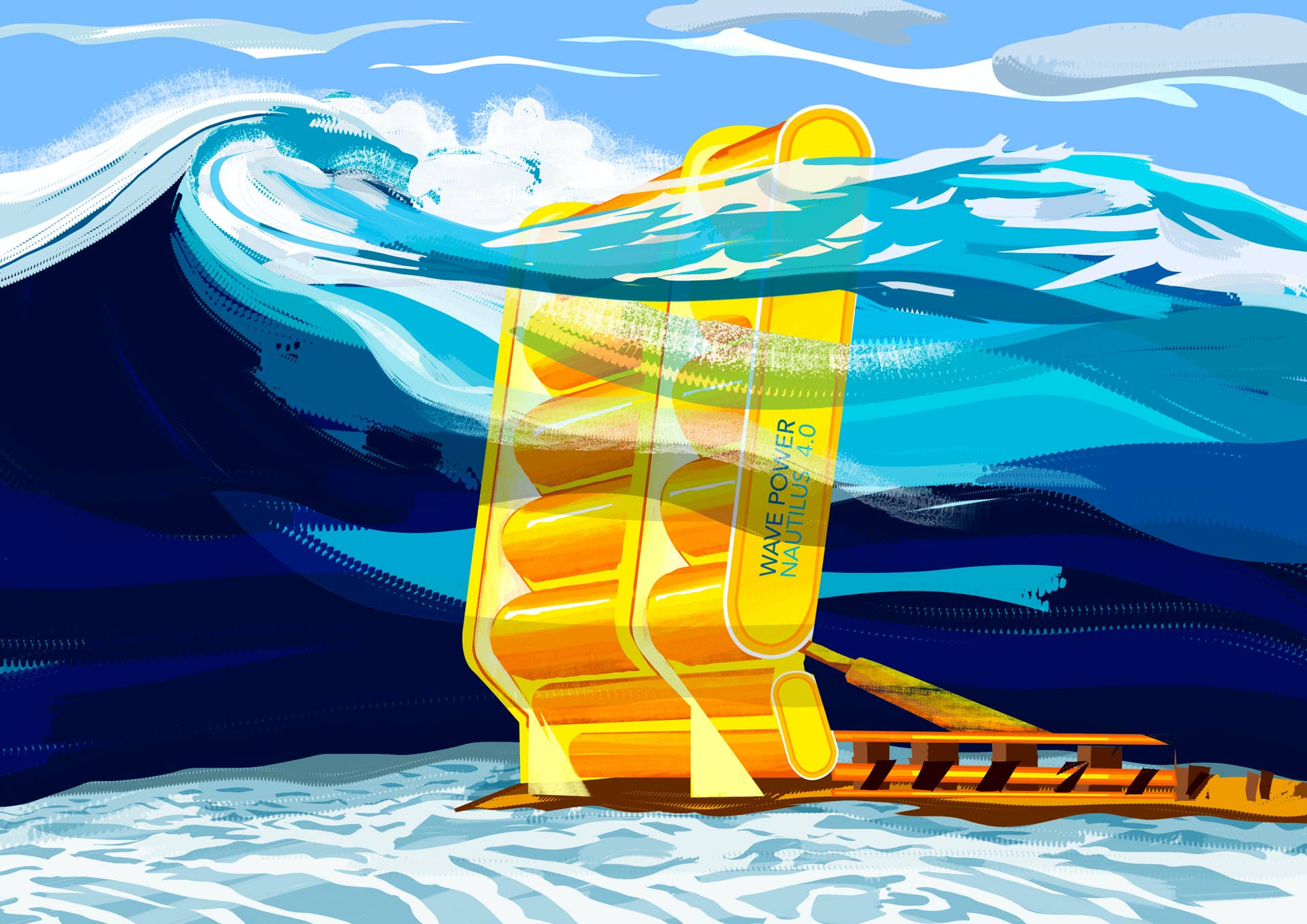 Illustration eines Wellenkraftwerkes für nachhaltige Stromerzeugung aus Wellenkraft.