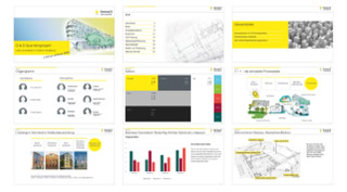 Mehrere Beispielfolien mit Grafiken, Illustrationen und Corporate Design Elementen.