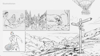 Diashow mit unterschiedlichen Beispielen von Illustrationen, hier verschiedene Kohlezeichnungen mit Menschen, Pflanzen, Stadt Stuttgart und Landschaft