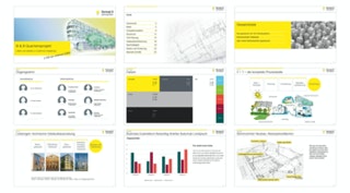 Mehrere Beispielfolien mit Grafiken, Illustrationen und Corporate Design Elementen.