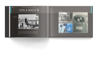 Jubiläumsbroschüre der DÜRR Group, Rubrik »von A nach B« Menschen und Produkte auf Reisen, jede Rubrik hat ein etwas abweichendes Seitenlayout und eine eigene Farbe.