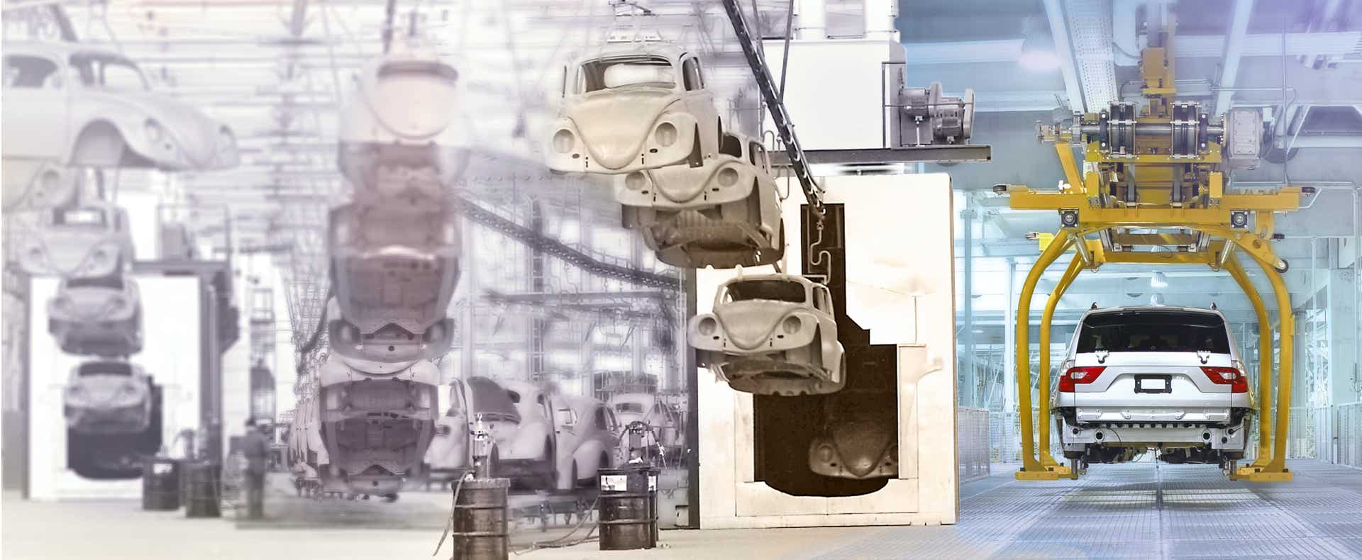 Produktion des VW-Käfers und eines modernen Autos verschmolzen in einer Collage