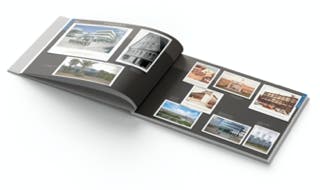 Jubiläumsbroschüre der Dürr Group, Innenseiten der Rubrik Standorte mit Polaroid Rahmen.