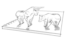 Diashow mit unterschiedlichen Beispielen von Illustrationen, hier Bulle und Bär auf einem Notitzbuch.