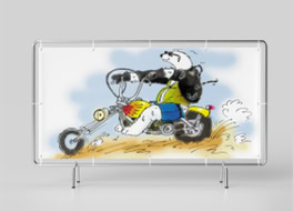 Diashow mit unterschiedlichen Beispielen von Illustrationen, hier ein gezeichneter Eisbär auf einem Motorrad der für eine Selbstwaschanlage wirbt.