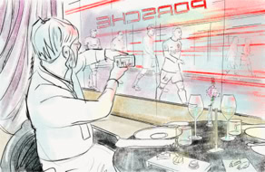 Diashow mit unterschiedlichen Beispielen von Illustrationen, hier die Zeichnung eines Mannes, der aus einem exklusiven Club direkt in den Spielertunnel zu Beginn eines Fußballspiels fotografiert.