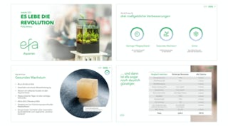 Beispiele aus der PowerPoint-Präsentation für efa Aquarien mit Icons, Fotos und Tabellen. Der Würfel im runden Bild liefert Nährstoffe für bis zu 2 Monate für alle Lebewesen im Aquarium.