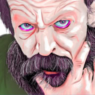 Diashow mit unterschiedlichen Beispielen von Illustrationen, hier Portrait eines sehr ernst kuckenden Mannes mit Bart.